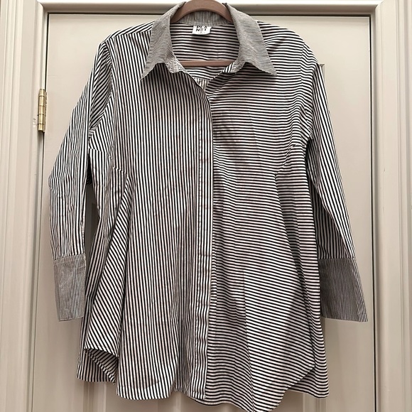 Planet by Lauren G Mixed Stripe Button Down Tunic Shirt with Pockets Sz2 Large - Picture 1 of 11